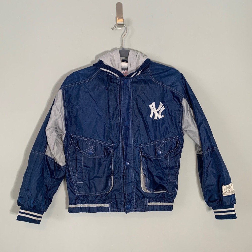 Vintage New York Yankees Kids Hooded Windbreaker Jacket Navy Blue Grey MLB